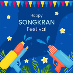 Vector Songkran water festival of Thailand greeting card banner. Tropical flowers, leaves, water guns on blue background. Square invitation, flyer, brochure, poster for event.