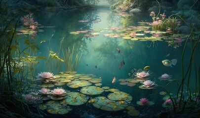 Fototapeta na wymiar a painting of a pond with water lilies and fish. generative ai