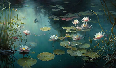 Fototapeta na wymiar a painting of water lilies and a bird flying over them. generative ai