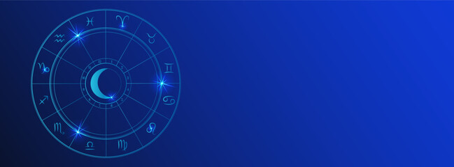 Astrology horoscope wheel long background with zodiac circle chart. Dark blue banner for astrological forecast