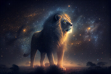 Silhouette of a lion from the fog and stars in the night sky. AI generated