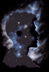 Silhouette of a man from the fog and stars in the night sky. AI generated