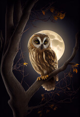 An owl sits on a tree branch against the backdrop of the moon. AI generated