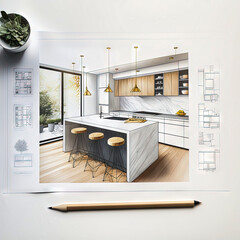 Modern kitchen interior design sketch. Concept for designers and architects. Generative AI