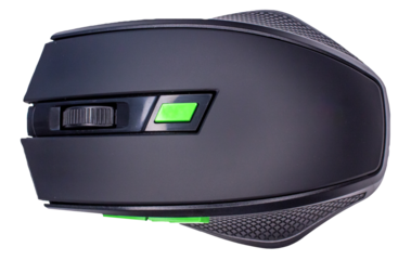 Black wireless mouse on a transparent background. Gamer mouse png. Top view.