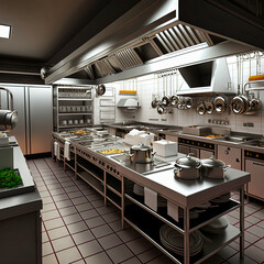 
Professional cuisine in the restaurant. Interior design idea. Kitchen concept for designers and architects. Generative AI
