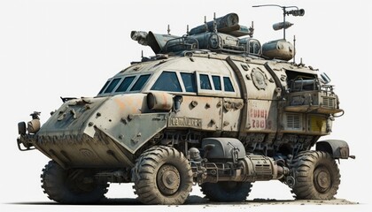 Fototapeta premium Post apocalypse military cat, tank, transport with weapon, wasteland armored off road machine