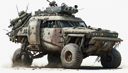 Fototapeta premium Post apocalypse military cat, tank, transport with weapon, wasteland armored off road machine