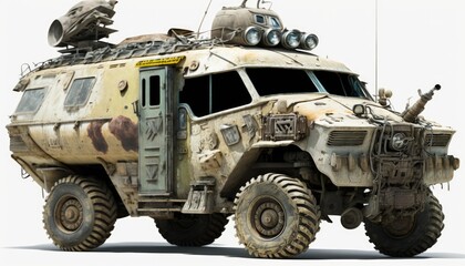 Fototapeta premium Post apocalypse military cat, tank, transport with weapon, wasteland armored off road machine