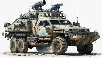Fototapeta premium Post apocalypse military cat, tank, transport with weapon, wasteland armored off road machine