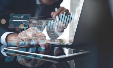 Business analytics (BA), Data analysis with key performance indicators (KPI) dashboard. Businessman...