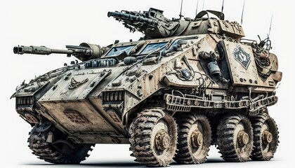Fototapeta premium Post apocalypse military cat, tank, transport with weapon, wasteland armored off road machine