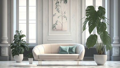  a living room with a couch and two potted plants.  generative ai