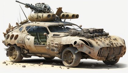 Post apocalypse military cat, tank, transport with weapon, wasteland armored off road machine - obrazy, fototapety, plakaty