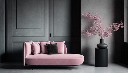  a pink couch sitting next to a tall vase with flowers.  generative ai