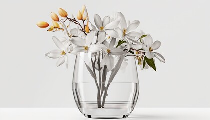  a glass vase filled with white flowers on top of a table.  generative ai