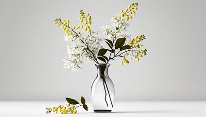  a glass vase filled with yellow and white flowers on top of a table.  generative ai