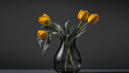  a vase with yellow flowers in it on a black table.  generative ai