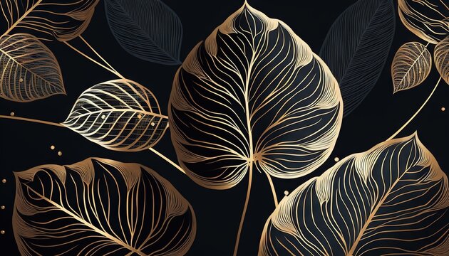  a black background with gold leaves and dots in the middle.  generative ai