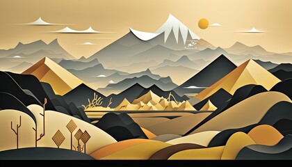 Fototapeta na wymiar a landscape with mountains and trees in the foreground and a yellow sky in the background. generative ai