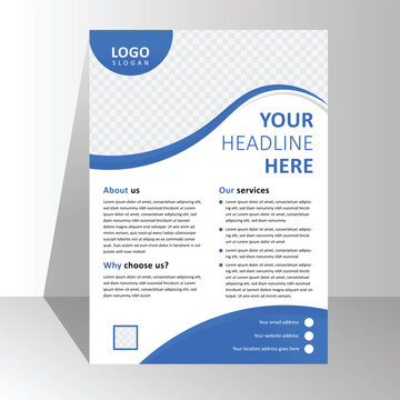modern brochure flyer design template, poster business leaflets presentation pamphlet annual, a4 print layout with colorful blue color vector illustration. Corporate flyer template design with image.