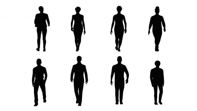 3D Rendering,Silhouette Group of Human Walking Isolated Graphic on White Background,Visual Effect with Alpha Channel