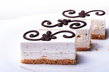 Souffle cake tender and airy on a white background.