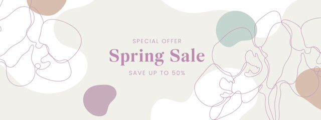 Pastel spring sale template with abstract line floral elements for social media banner, website, shopping ads, sale promotion.