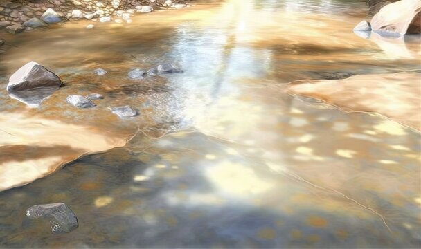  a stream of water with rocks and a bridge in the background.  generative ai