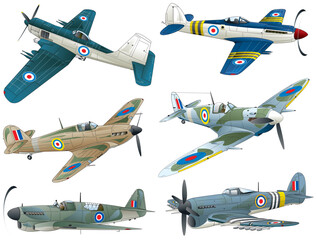 6 types of Great Britain ww2 single propeller fighter plane collection.  © SAIGLOBALNT