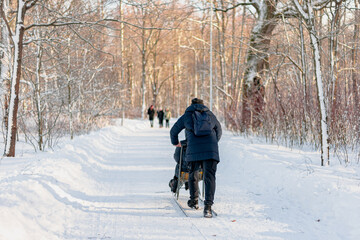 Fototapeta na wymiar A man on a Finnish sleigh carries a woman through a winter park
