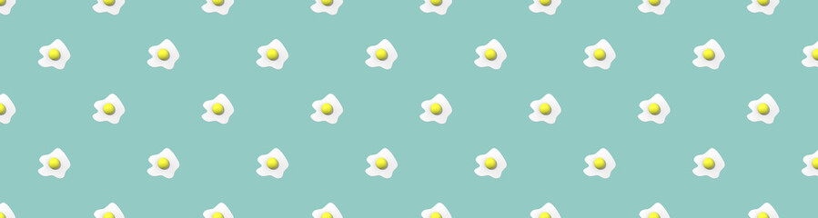 pattern. Image of chicken egg on pastel green blue backgrounds. Egg with round yolk. Surface overlay pattern. Horizontal image. Banner for insertion into site. 3D image. 3D rendering.