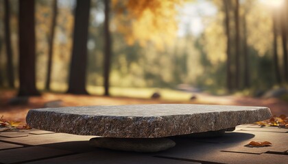 Stone board empty table in front of blurred background. perspective brown stone over blur trees in forest. Generative ai