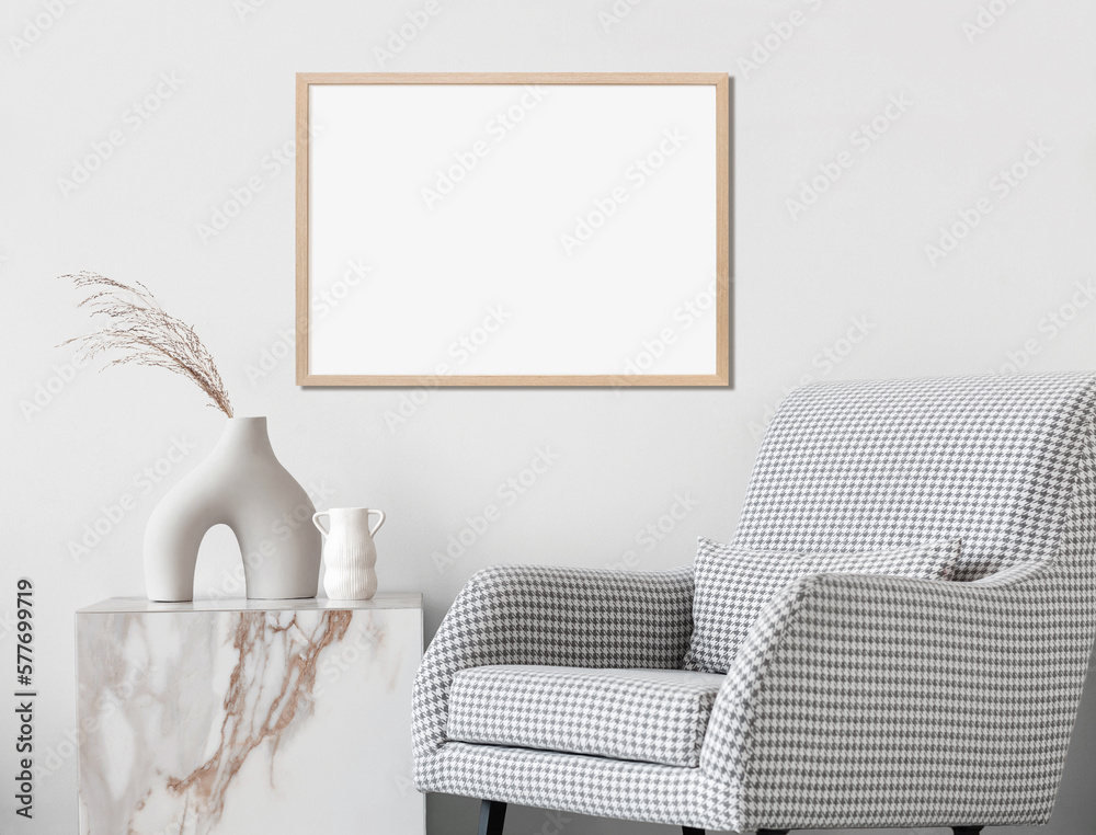 Wall mural empty horizontal frame mockup in modern minimalist interior with plant in trendy vase on white wall 