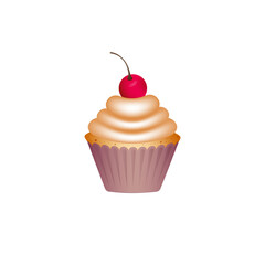 Cupcake with cherry isolated on white. Vector illustration. It may be a card, paper, decoration.