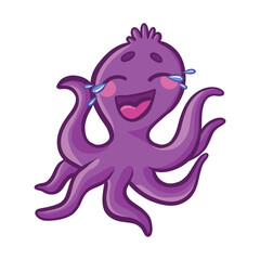 Cartoon cute octopus. Purple octopus with bright emotions, joy, smile, tears, love and hearts, fear. Underwater world, marine flora and fauna. Vector illustration of octopuses.