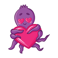 Cartoon cute octopus. Purple octopus with bright emotions, joy, smile, tears, love and hearts, fear. Underwater world, marine flora and fauna. Vector illustration of octopuses.