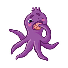 Cartoon cute octopus. Purple octopus with bright emotions, joy, smile, tears, love and hearts, fear. Underwater world, marine flora and fauna. Vector illustration of octopuses.