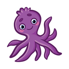 Cartoon cute octopus. Purple octopus with bright emotions, joy, smile, tears, love and hearts, fear. Underwater world, marine flora and fauna. Vector illustration of octopuses.