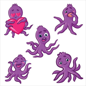 Cartoon cute set octopus. Purple octopus with bright emotions, joy, smile, tears, love and hearts, fear. Underwater world, marine flora and fauna. Vector illustration of octopuses.