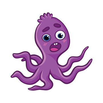 Cartoon cute octopus. Purple octopus with bright emotions, joy, smile, tears, love and hearts, fear. Underwater world, marine flora and fauna. Vector illustration of octopuses.