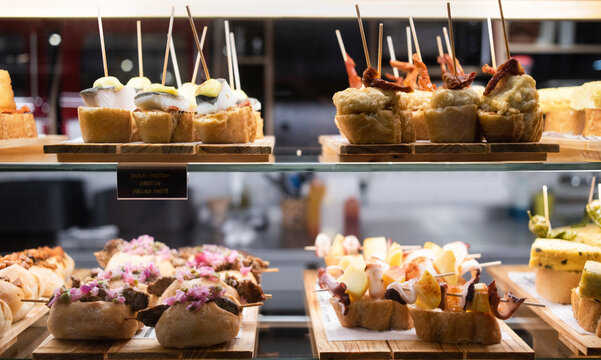 Snacks in tapas bar in Spain, traditional Spanish food