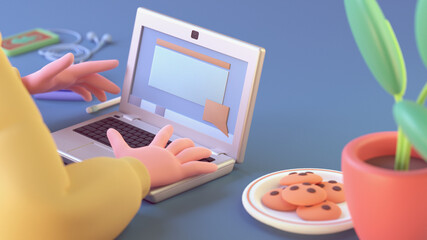 Young kawaii guy wears a yellow hoodie using a laptop to surf internet, one hand on keyboard sits at blue table, green plant in red pot, white plate with cookies, smartphone with headphones. 3d render