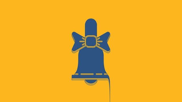 Blue Merry Christmas ringing bell icon isolated on orange background. Alarm symbol, service bell, handbell sign, notification. 4K Video motion graphic animation