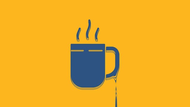 Blue Coffee cup icon isolated on orange background. Tea cup. Hot drink coffee. 4K Video motion graphic animation