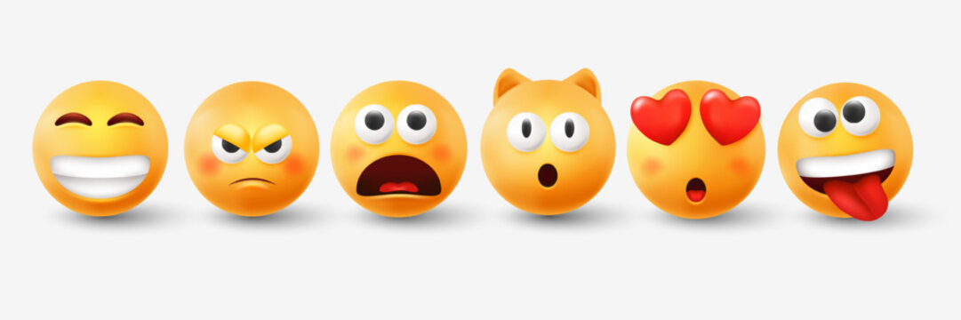 Funny smile pack, 3d emoji. Glossy cute yellow people and cat, crazy and surprised emotions, laugh and angry emotions. Good mood isolated objects. Web application sign. Vector render concept