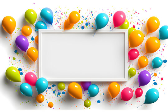 Top view of white frame surrounded by colorful balloons, copy space for text, white background, mockup for planning birthday or party - generative ai