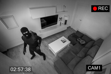 ROBBER STEALING IN A HOUSE CAPTURED ON SURVEILLANCE CAMERA. BURGLAR ALARM SYSTEM FOR SECURITY AT...