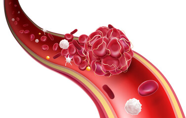 3D illustration of a blood clot in a blood vessel showing a blocked blood flow with platelets and white blood cells in the image. medical use education and science