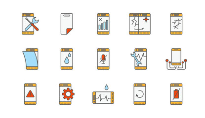Mobile phone scratch protection icons. Smartphone screen cover. Cellphone repair after water problem. Waterproof signs. Mute microphone and battery symbols. Vector color pictograms set